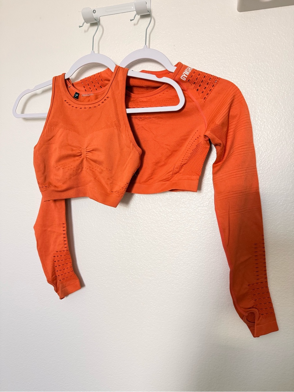 Gymshark Orange Seamless Crop Sports Bra, Leggings and Long Sleeve Top Set